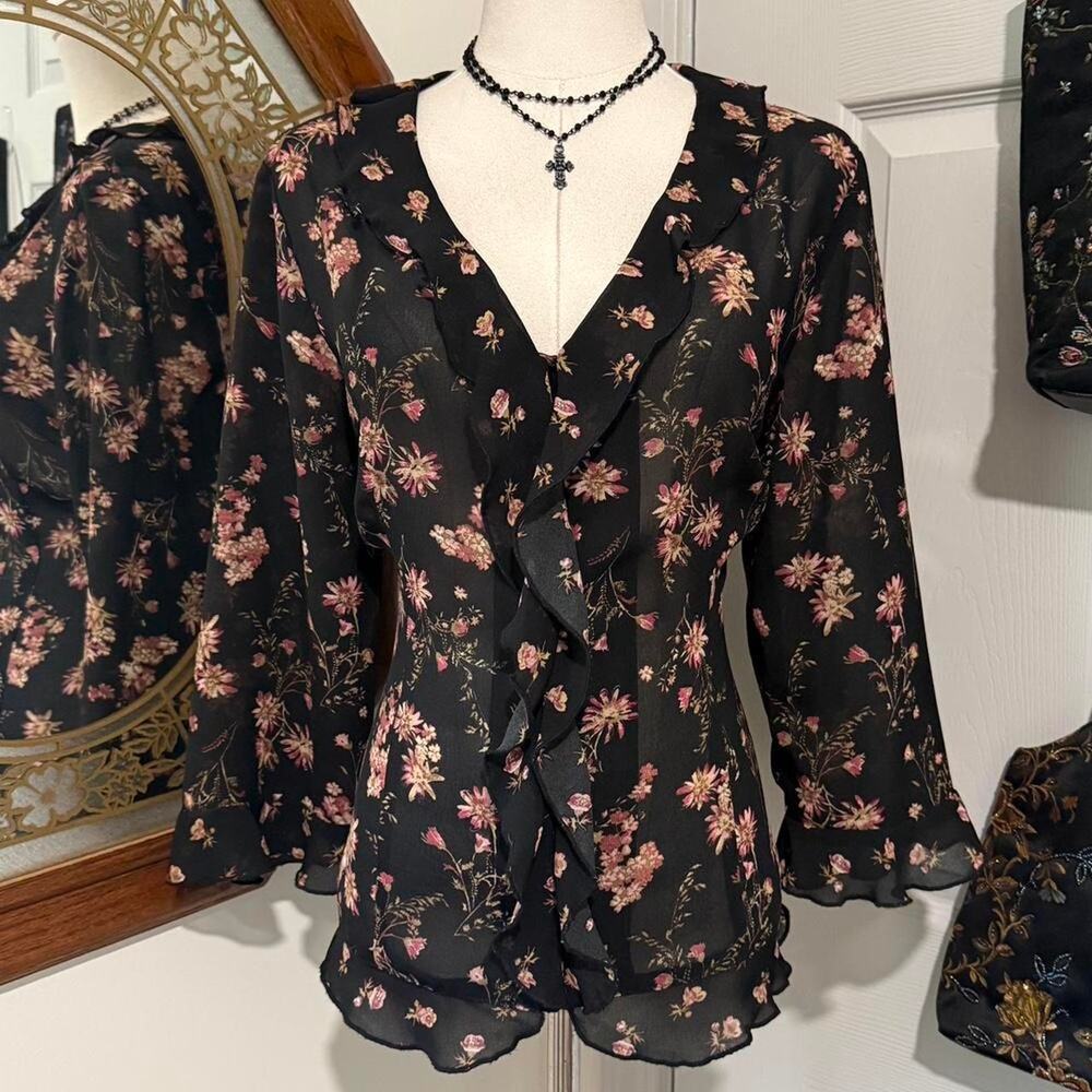 VTG Y2K Emma James Sheer Black & Pink Ruffle Collar Button Down Dark Femme Top